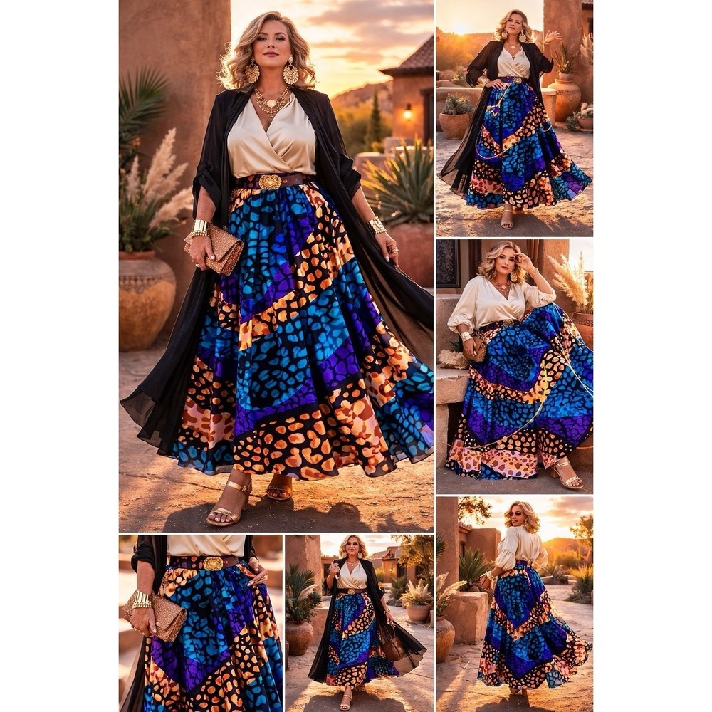 ASHRO Size 2X Blue, Purple, Gold and Green Lined Sheer Skirt Gypsy Boho Chic - Picture 2 of 8